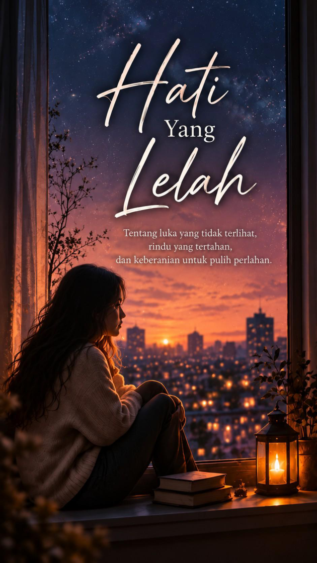 Sampul e-book Hati Yang Lelah dengan suasana senja di balik jendela